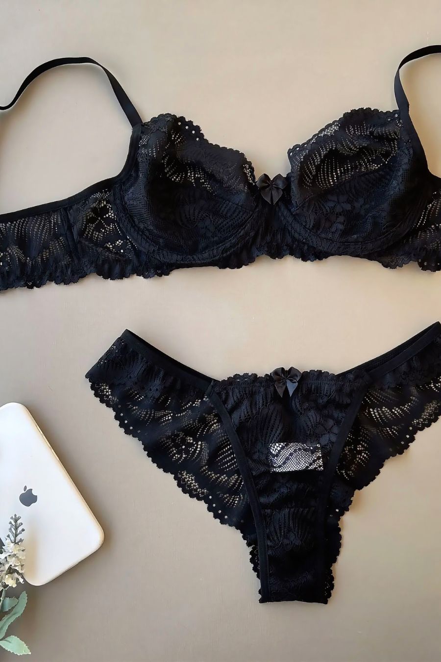 Unlined Underwire Lace Lingerie Set – Microfiber-Lined Bra & All-Lace Thong