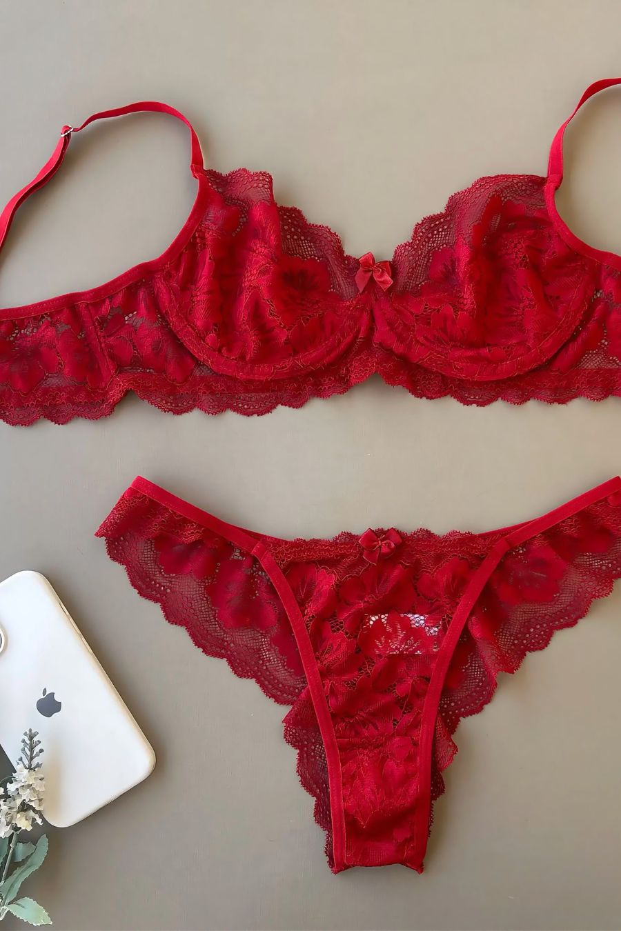 Unlined Underwire Lace Lingerie Set – Microfiber-Lined Bra & All-Lace Thong