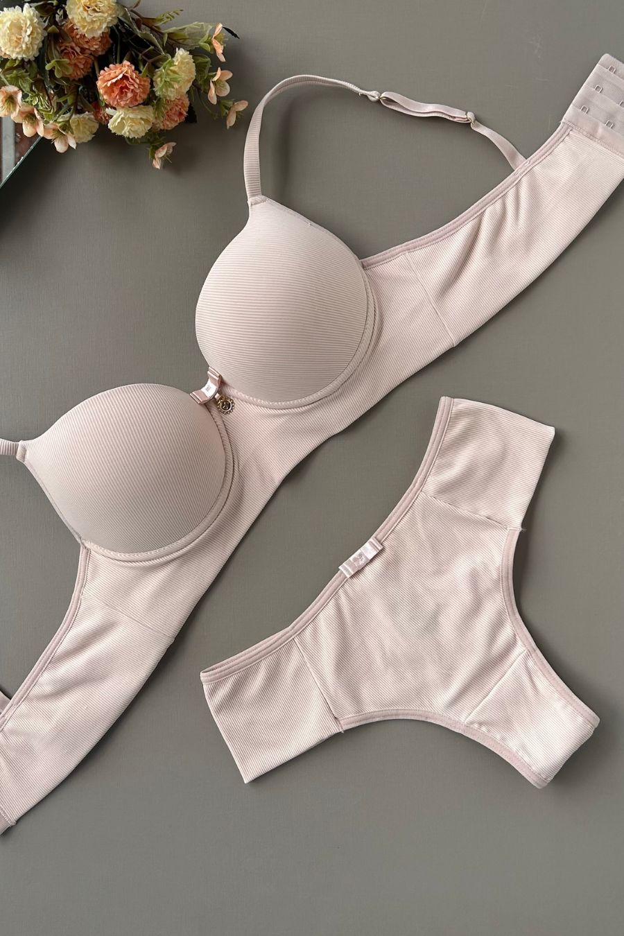 Ribbed Comfort Lingerie Set – Supportive Elastic Bra & High-Waisted Double-String Panty