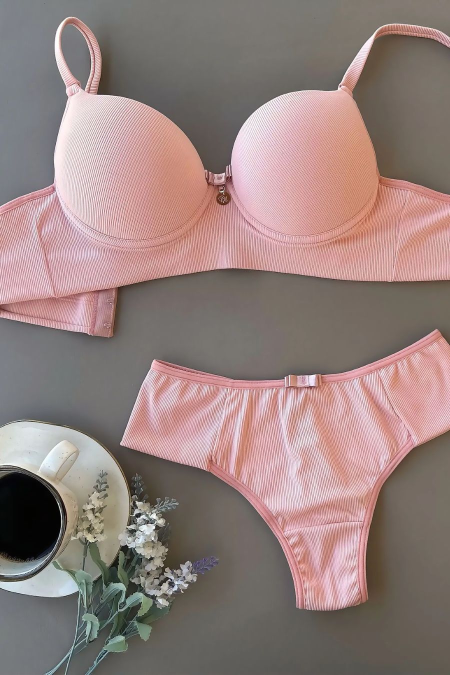 Ribbed Comfort Lingerie Set – Supportive Elastic Bra & High-Waisted Double-String Panty